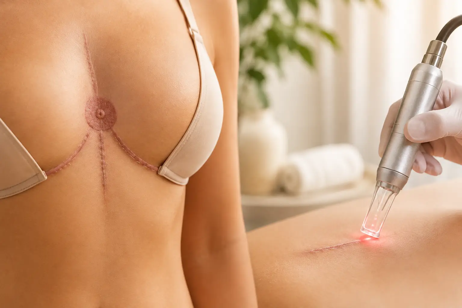 Cicatrices en T inversé après une réduction mammaire, et passage du laser sur une cicatrice