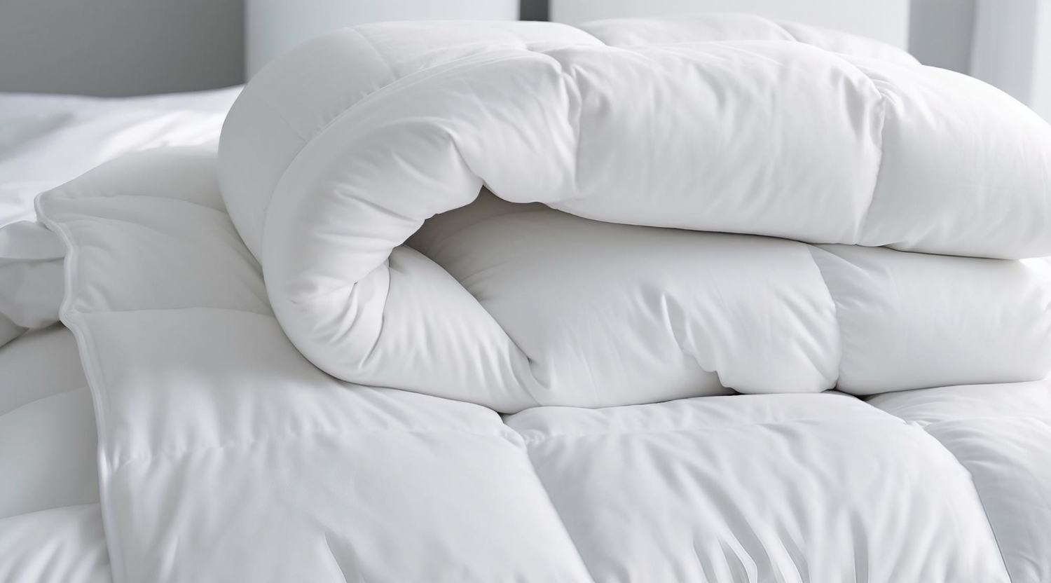 Une literie blanche est empilée sur un lit.